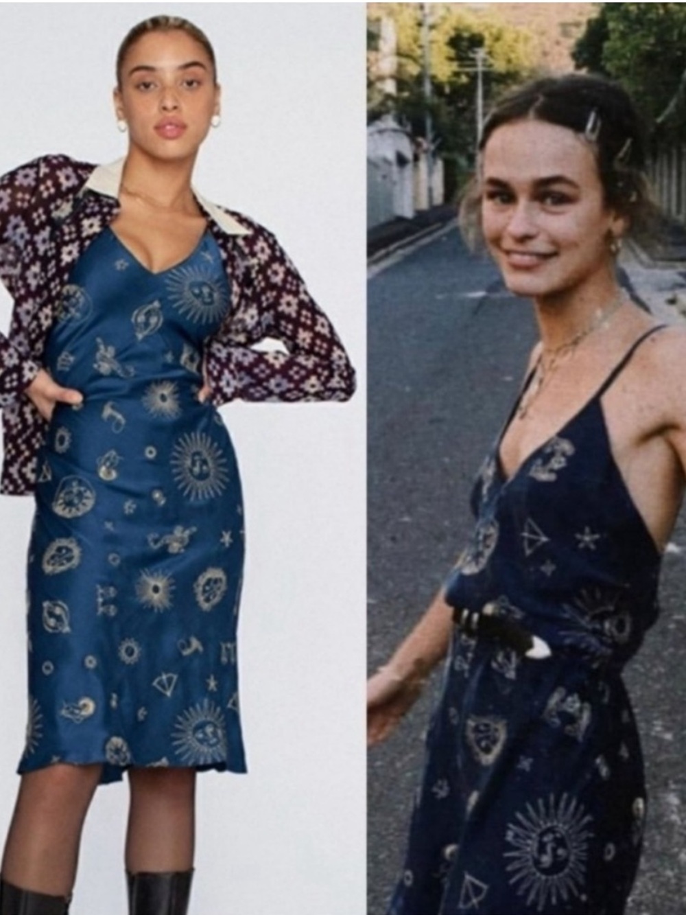 Realisation Par XS The 1996 Slip Dress Zodiac Embroidered Navy Blue V Neck
